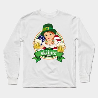 Irish Redhead Beer Maid American Flag Long Sleeve T-Shirt